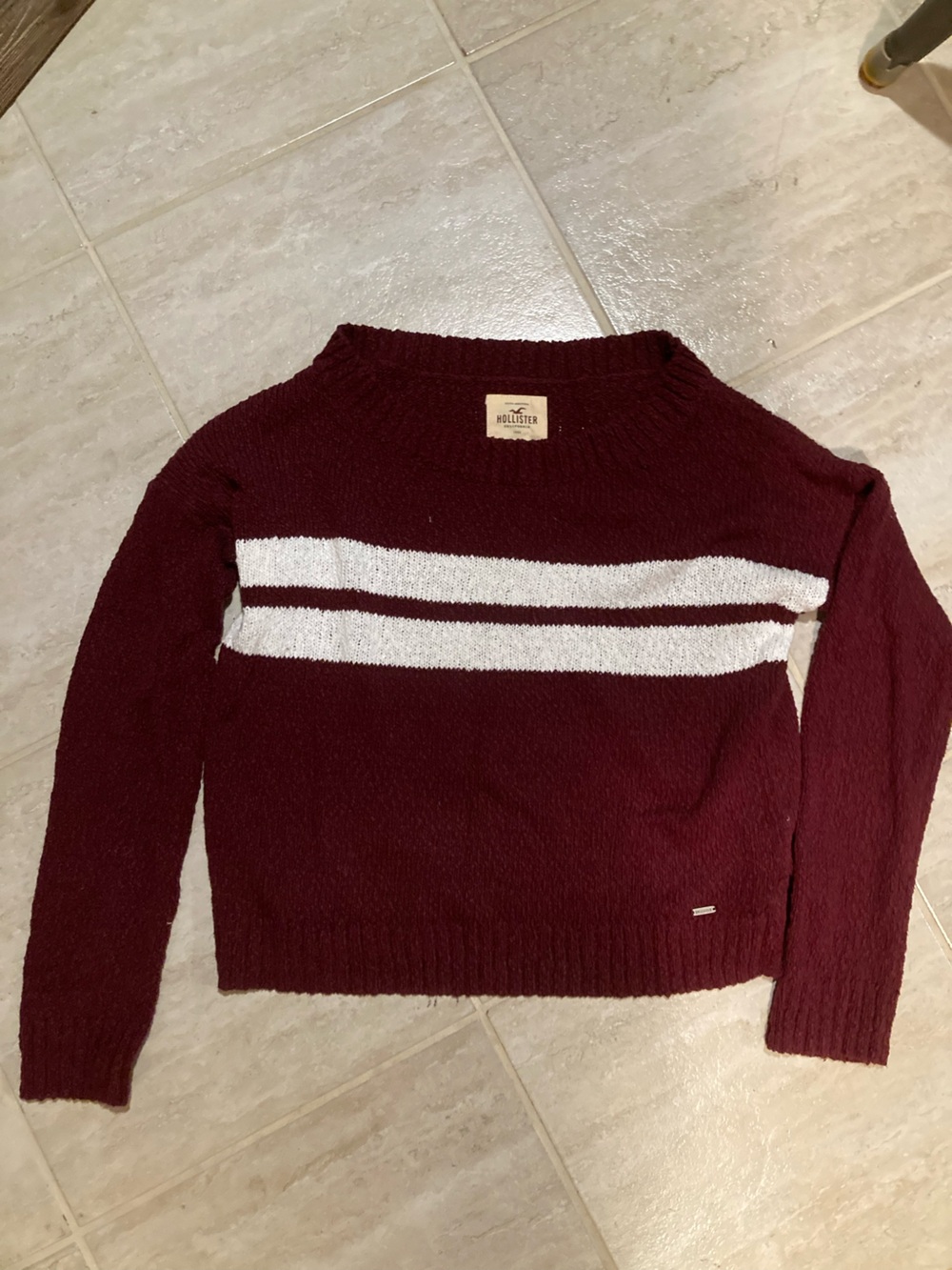Hollister Maroon Crewneck Sweater with White Double Stripe